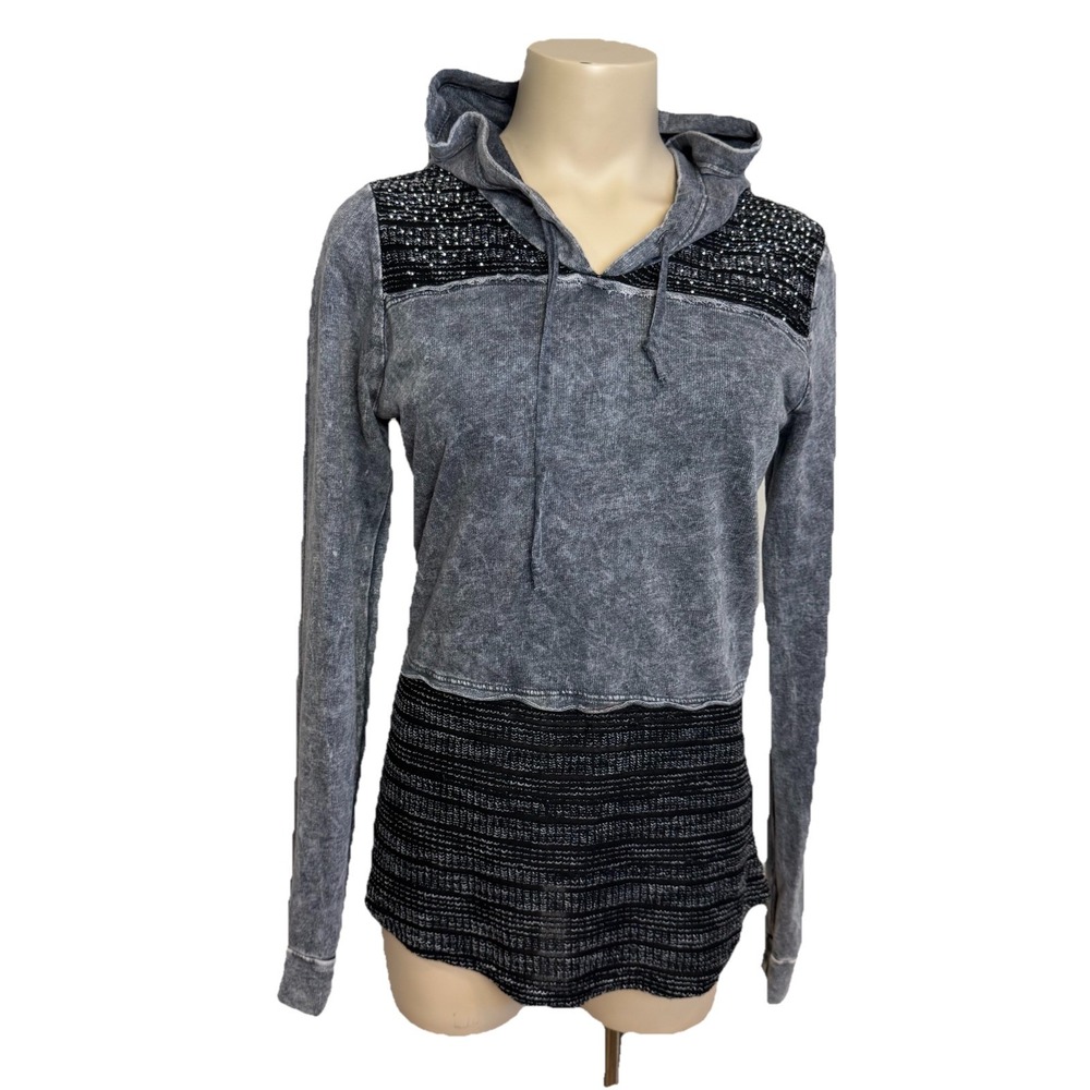 Y2K Grunge Top Mineral Wash Hooded Mix Media‎ Black Gray Skater Emo Sz Small
